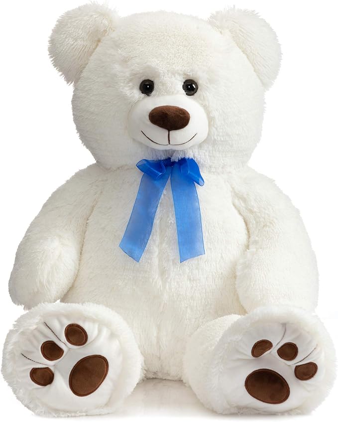 Jumbo White Teddy Bear with Blue Ribbon